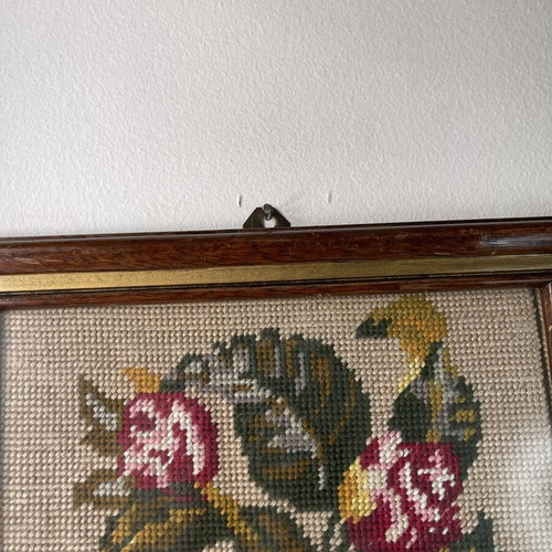 Vintage handmade embroidery wall frame with flowers and wooden frame