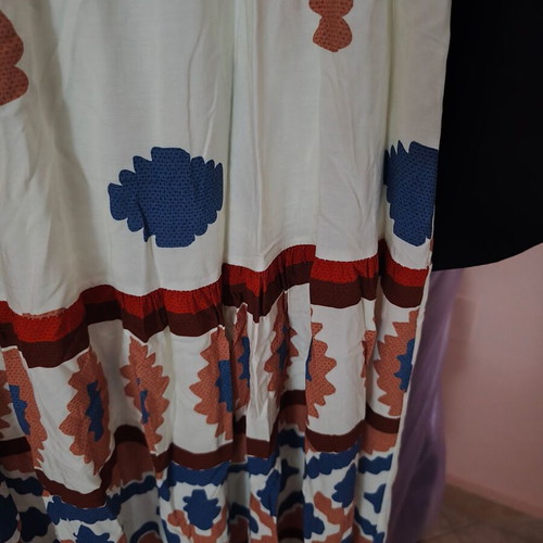 Shoko long summer dress with archaeological pattern, beige and blue