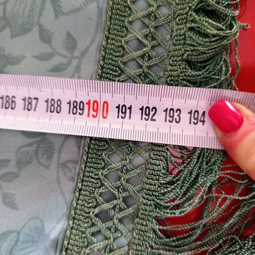 Vintage large petrol tablecloth with fringes and floral pattern used
