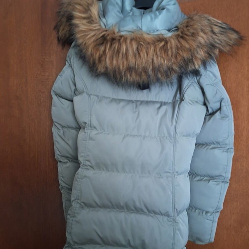 Splendid jacket used, mint color with detachable fur hood, knee length