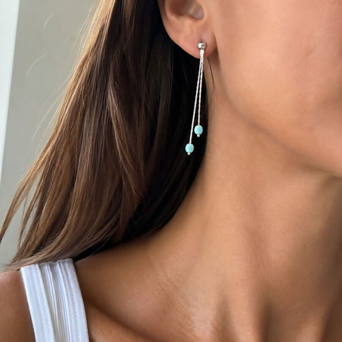 925 Sterling Silver Turquoise Bead Earrings like new, long dangle design