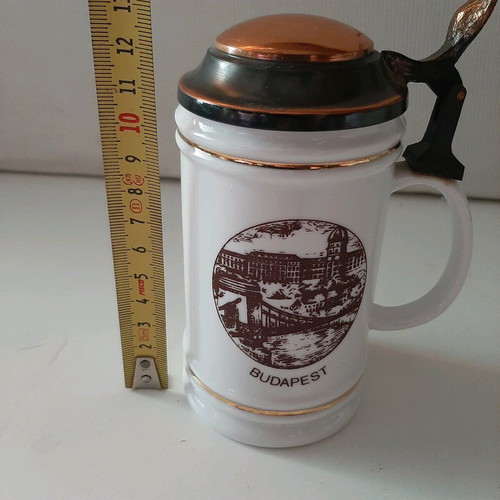 Vintage beer mug like new, Budapest porcelain with copper lid