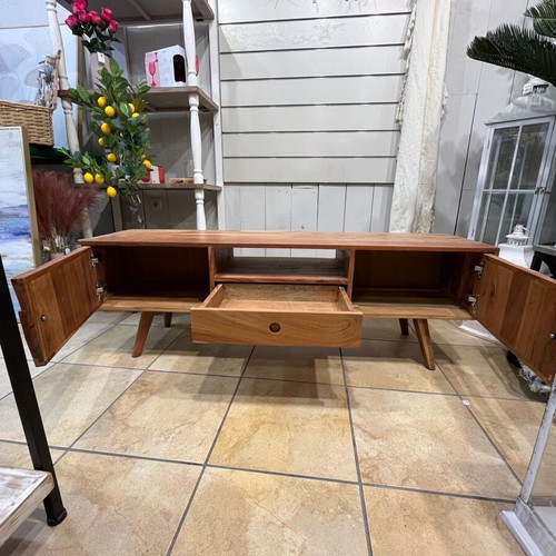 Wooden TV stand like new with vintage boho design