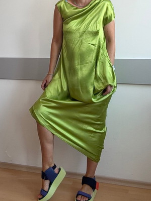 Asymmetric green satin dress, size S/M
