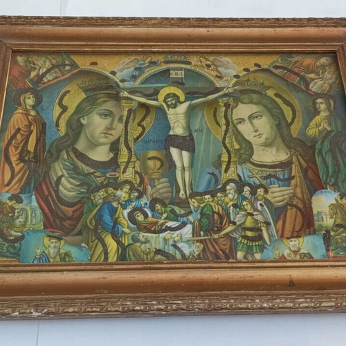 Vintage religious icon composition Saint Catherine Saint Barbara Crucifixion Dormition