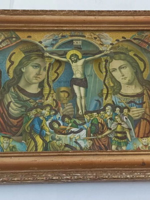 Vintage religious icon composition Saint Catherine Saint Barbara Crucifixion Dormition