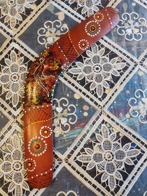 Australian Boomerang handmade wood with traditional motifs and kangaroo, like new