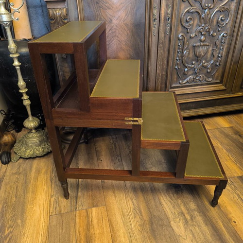Antique mahogany metamorphic coffee table with leather top and library steps, Georgian style