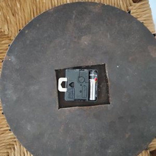 Leather wall clock used, analog, 30 cm diameter