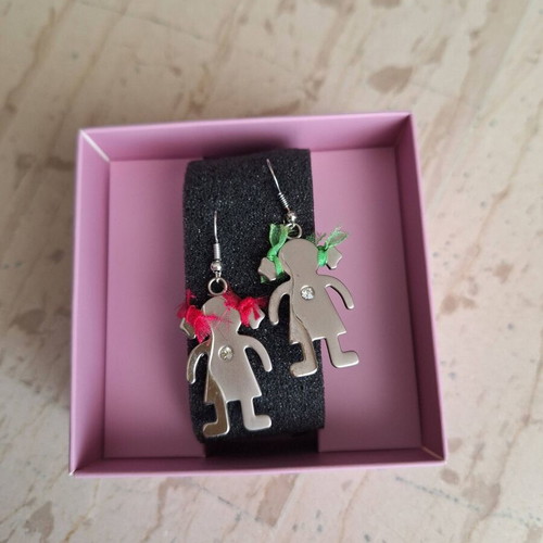 Girl figure earrings new, silver with rhinestones and ribbons