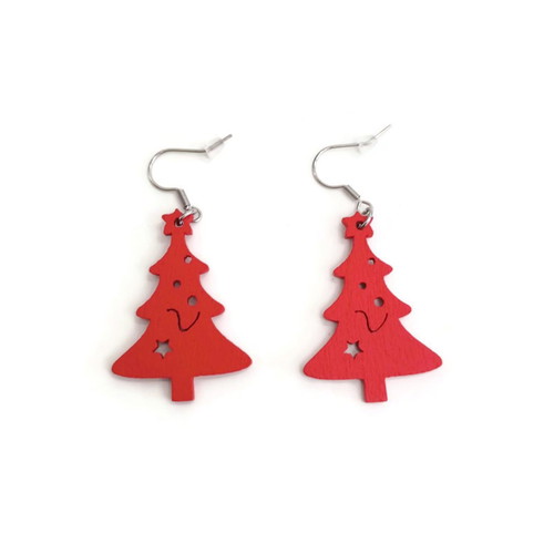 Wooden Christmas tree earrings new, red color