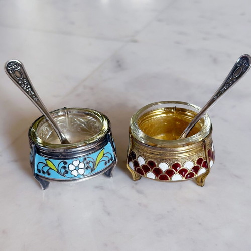 Bowls for caviar or salt used, handmade enamel Hommet 1950s