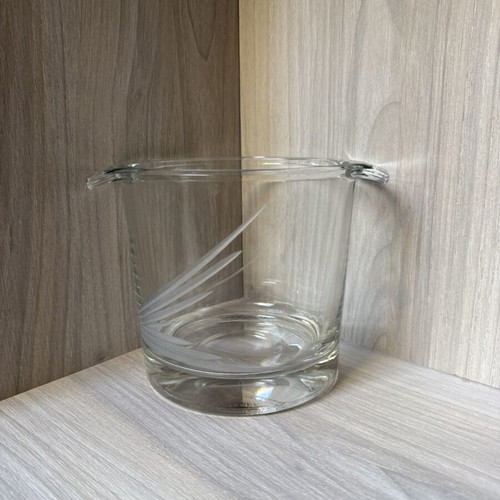 Glass ice bucket like new with handles and decorative matte engraving