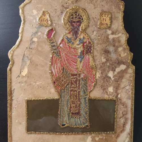 Saint Spyridon Religious Icon like new, marble with gold embroidery