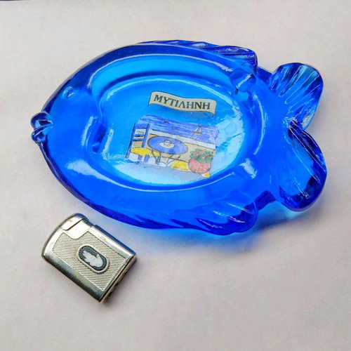 Blue glass fish-shaped ashtray like new from Mytilene