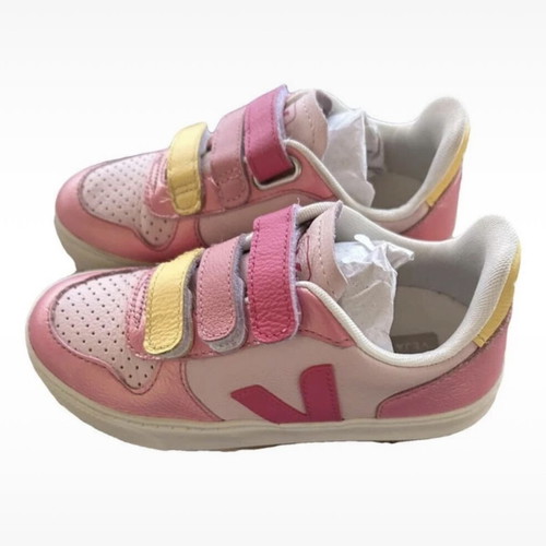 Veja children's athletic sneaker for girls with velcro, pink and yellow, size 29
