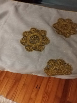 Long table runner used with crocheted details in gold thread