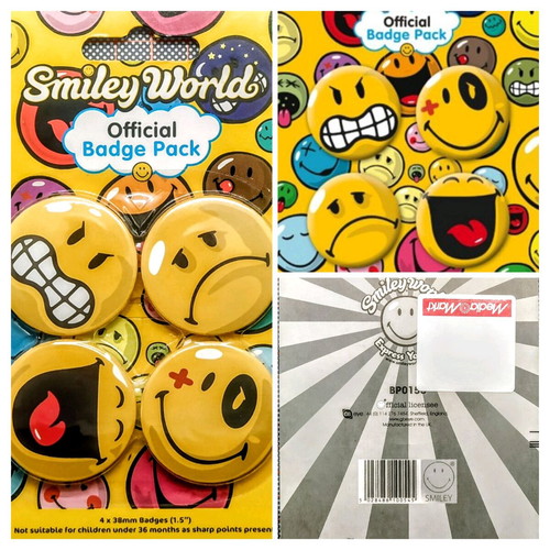 Smiley World badges new, set of 4 with various expressions