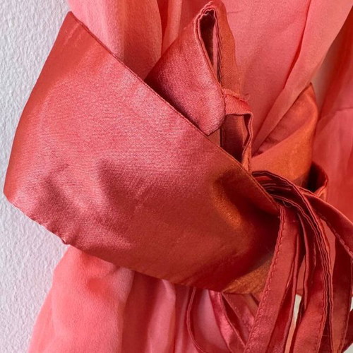 Coral one shoulder silk dress like new with ruffles and satin belt