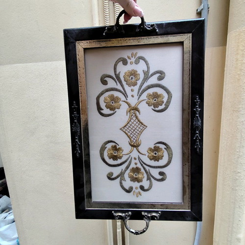 Vintage wooden tray with embroidery used