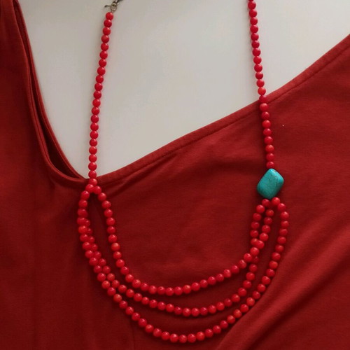 Handmade necklace with natural coral and turquoise stone new