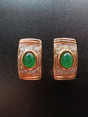 Винтидж дамски обеци с клипс сребърни и златни употребявани със страз и зелен камък