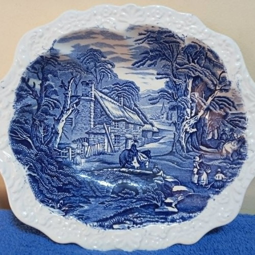Old Foley Staffordshire cake plate by James Kent used, blue village scene