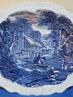 Old Foley Staffordshire cake plate by James Kent used, blue village scene