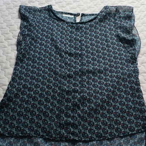 Set like new with blue knee-length skirt and semi-transparent top with ruffles