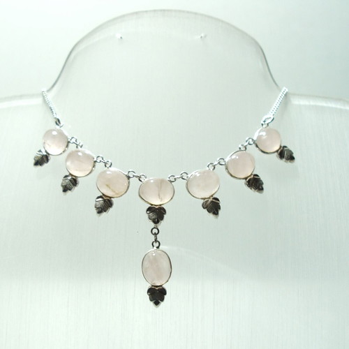Pink quartz mineral in fashion 925 silver necklace new