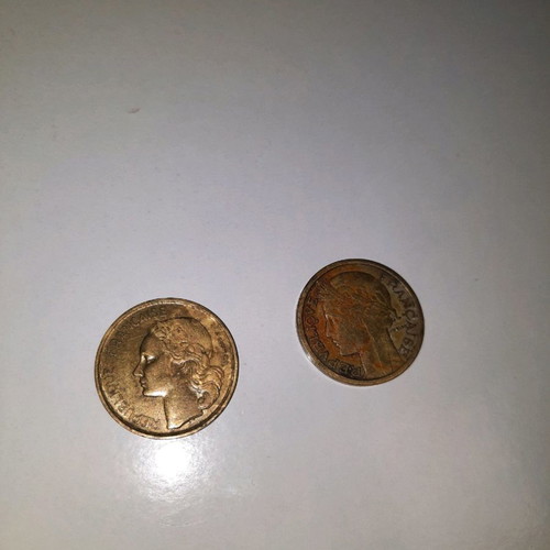Franc coin used, 1 franc 1932 and 20 francs 1951