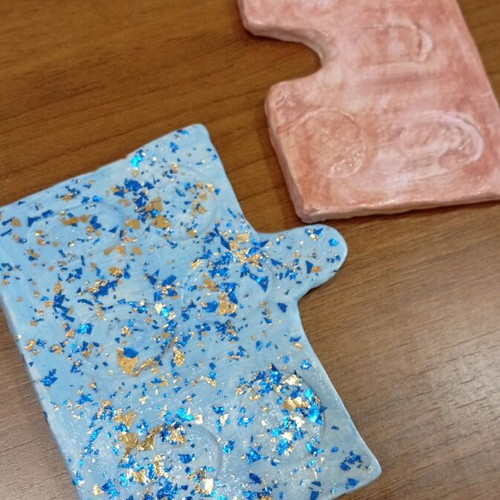 Handmade ceramic puzzle coaster new, gold leaf and blue details