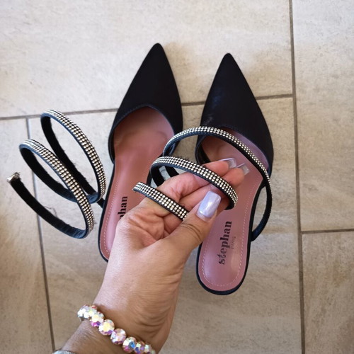 Black high heel shoes with ankle rhinestone straps