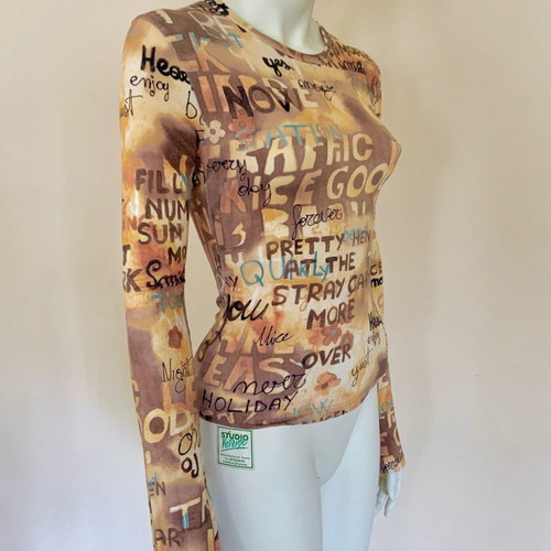 Denny Rose long-sleeve top like new with graffiti patterns, size XS/S