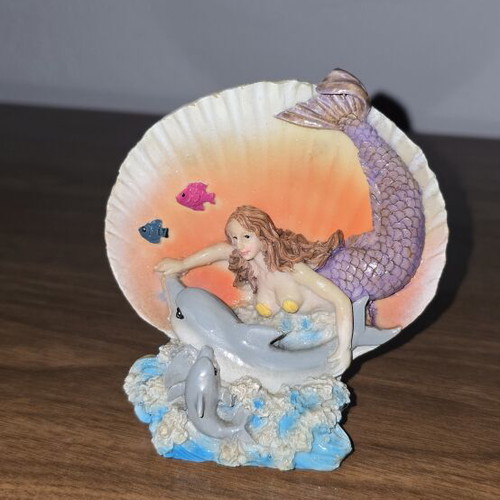 Mermaid Figurine with Dolphins in Shell resin decoration like new