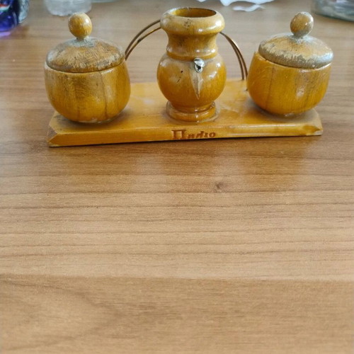 Wooden Pelion salt and pepper set with toothpick and napkin holder used