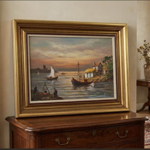 Painting by N. Fanourakis like new, sea and Greek countryside theme