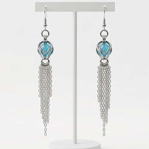 Captured Bead Chain Earrings stainless steel with blue bead, new