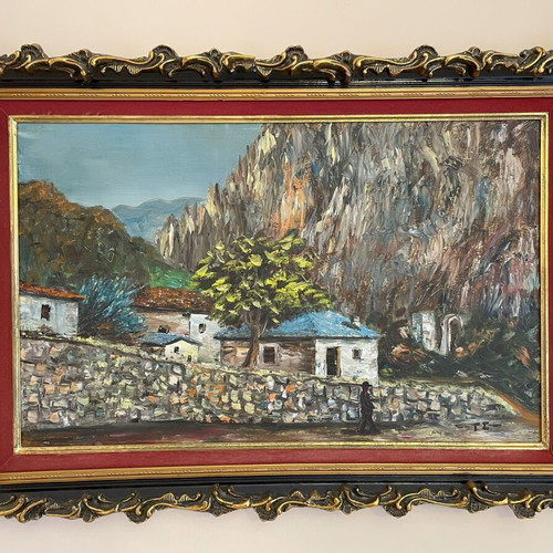 Embossed oil painting like new, theme House in the village