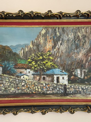 Embossed oil painting like new, theme House in the village