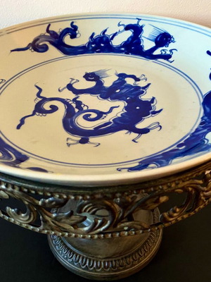 Decorative piece with metal base and ceramic plate from China like new
