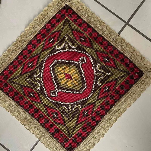 Vintage embroidery set used, table runner and square doily with trim