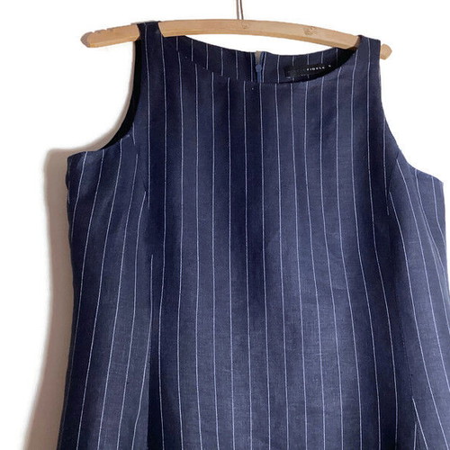 Classic dark blue linen dress with stripes FIDÈLE