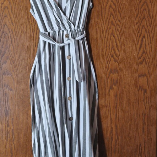 Midi striped dress with wrap neckline, like new, white and gray