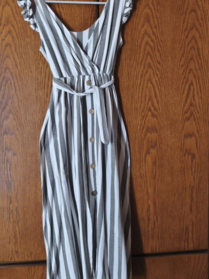 Midi striped dress with wrap neckline, like new, white and gray