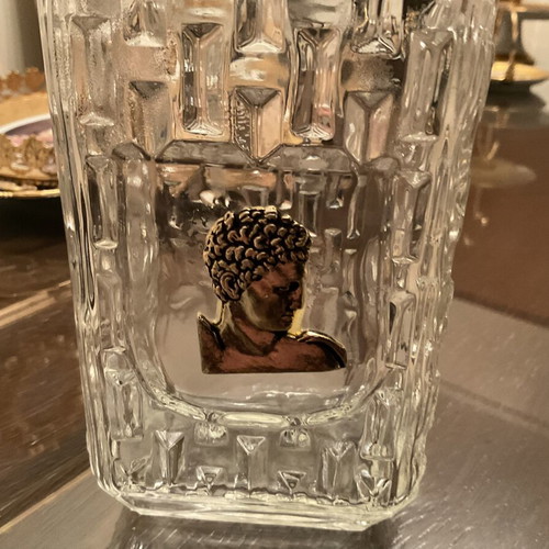 Vintage crystal decanter 1960–1970 with silver classical medal and stopper
