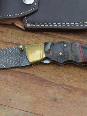 Damascus folding knife custom handmade with rums horn handle and leather sheath new
