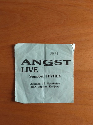 Angst concert ticket used with support group Trypes, Thessaloniki 1987