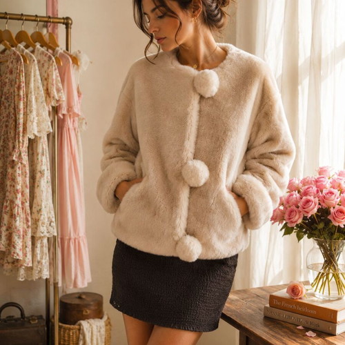 Faux fur jacket with pompons used, size L/XL, beige