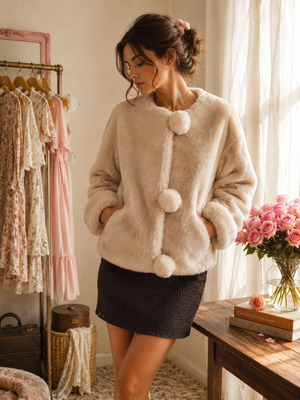Faux fur jacket with pompons used, size L/XL, beige